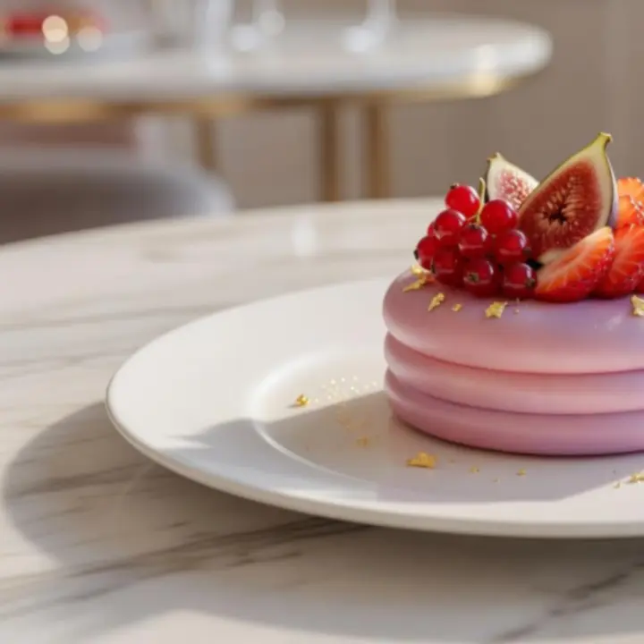 Dessert raffiné dressé avec une présentation graphique et légère