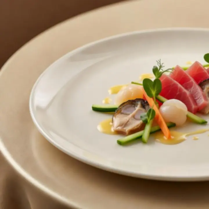 Entrée gastronomique dressée avec précision sur une assiette claire