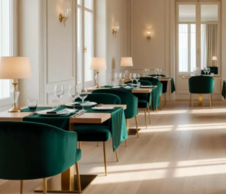 Salle de restaurant élégante préparée pour le service du soir