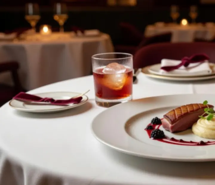 Table gastronomique dressée avec élégance dans une salle chaleureuse