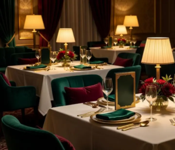 Table élégante dressée pour le dîner avec lumière tamisée