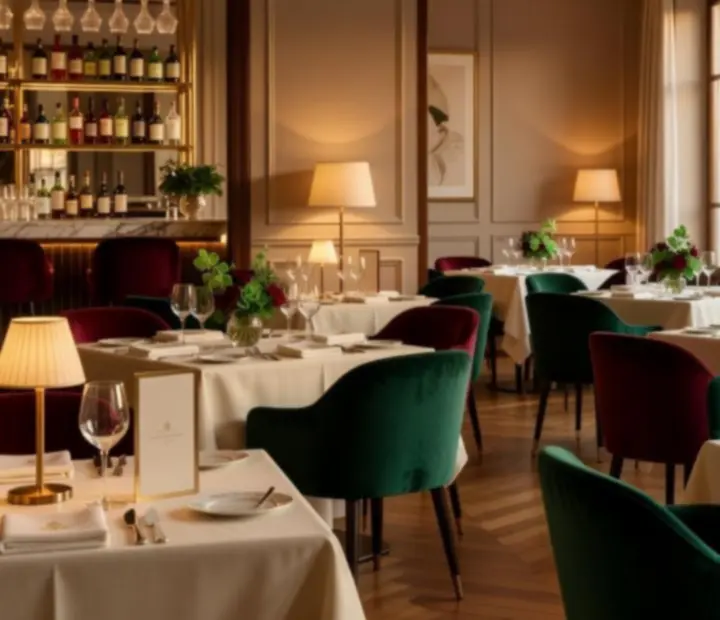 Salle de restaurant élégante préparée pour une soirée gastronomique