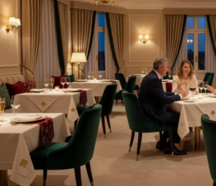 Salle de restaurant élégante baignée d'une lumière chaleureuse