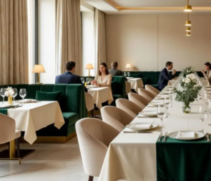 Ambiance de salle élégante avec tables dressées dans des tons crème et vert émeraude