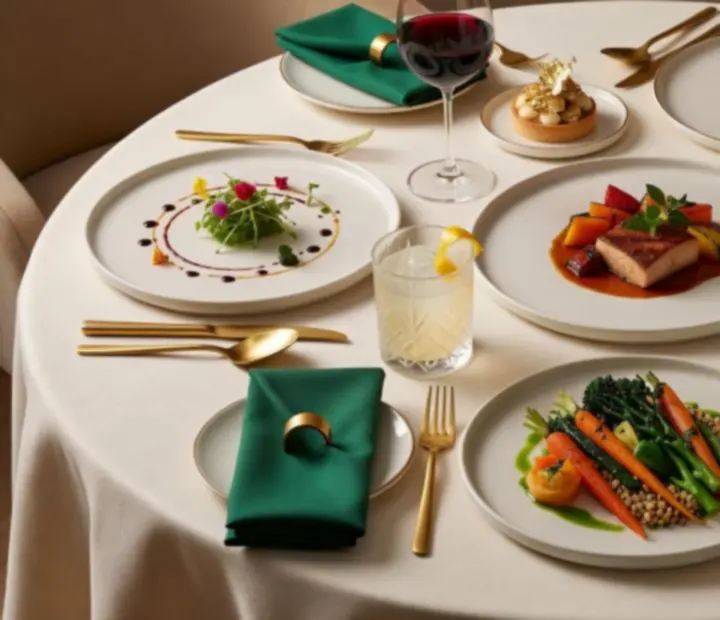 Plats signatures dressés sur une table élégante avec verres et couverts