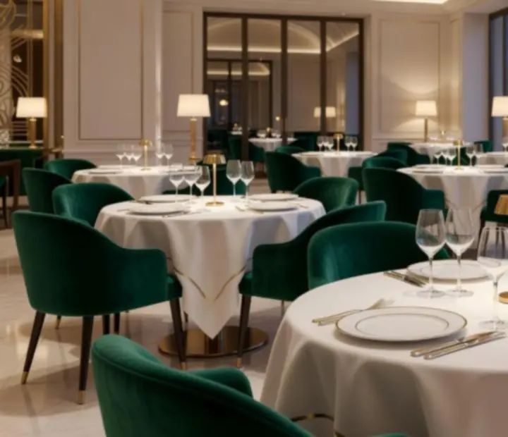 Salle de restaurant élégante en soirée avec lumière chaleureuse et tables dressées